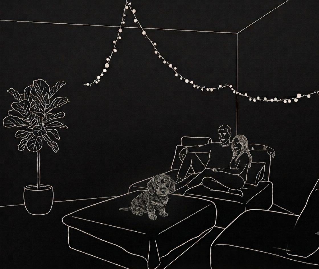 Line drawing of a cosy living room at night: a couple resting together on a sofa, a wirehaired dog sitting on the ottoman, a fiddle-leaf fig by the wall and string lights overhead.