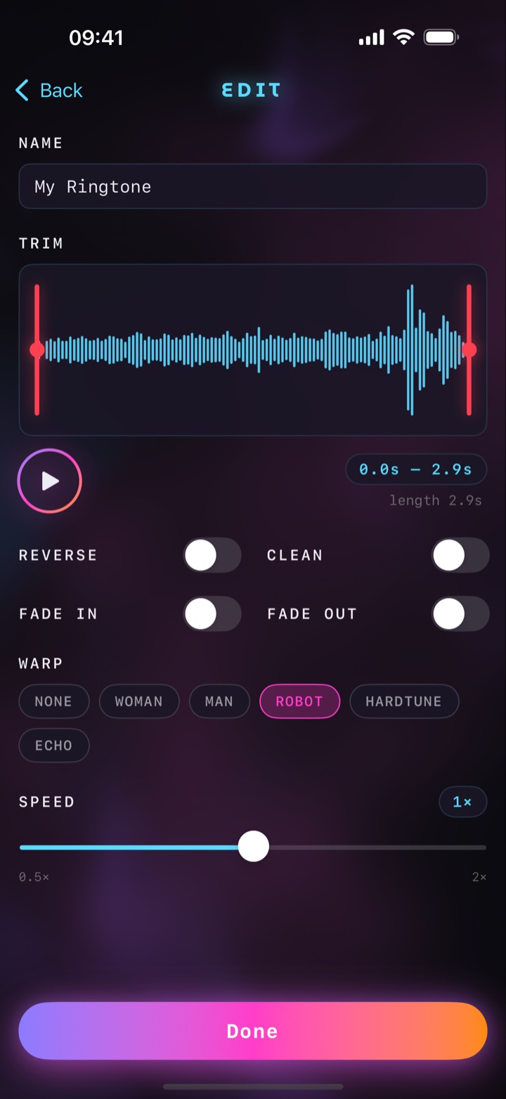 SoundWarp editor — trim, Warp effects and speed