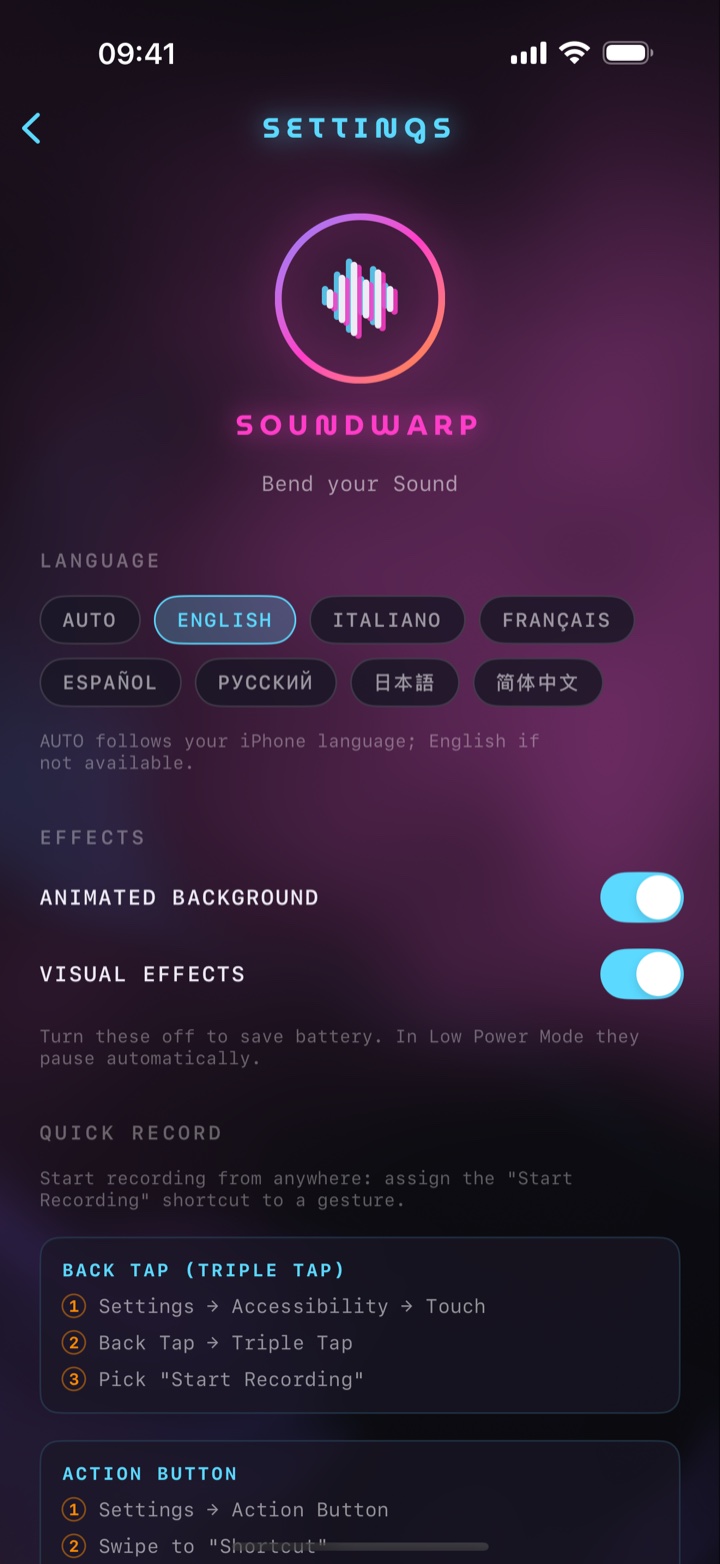 SoundWarp settings