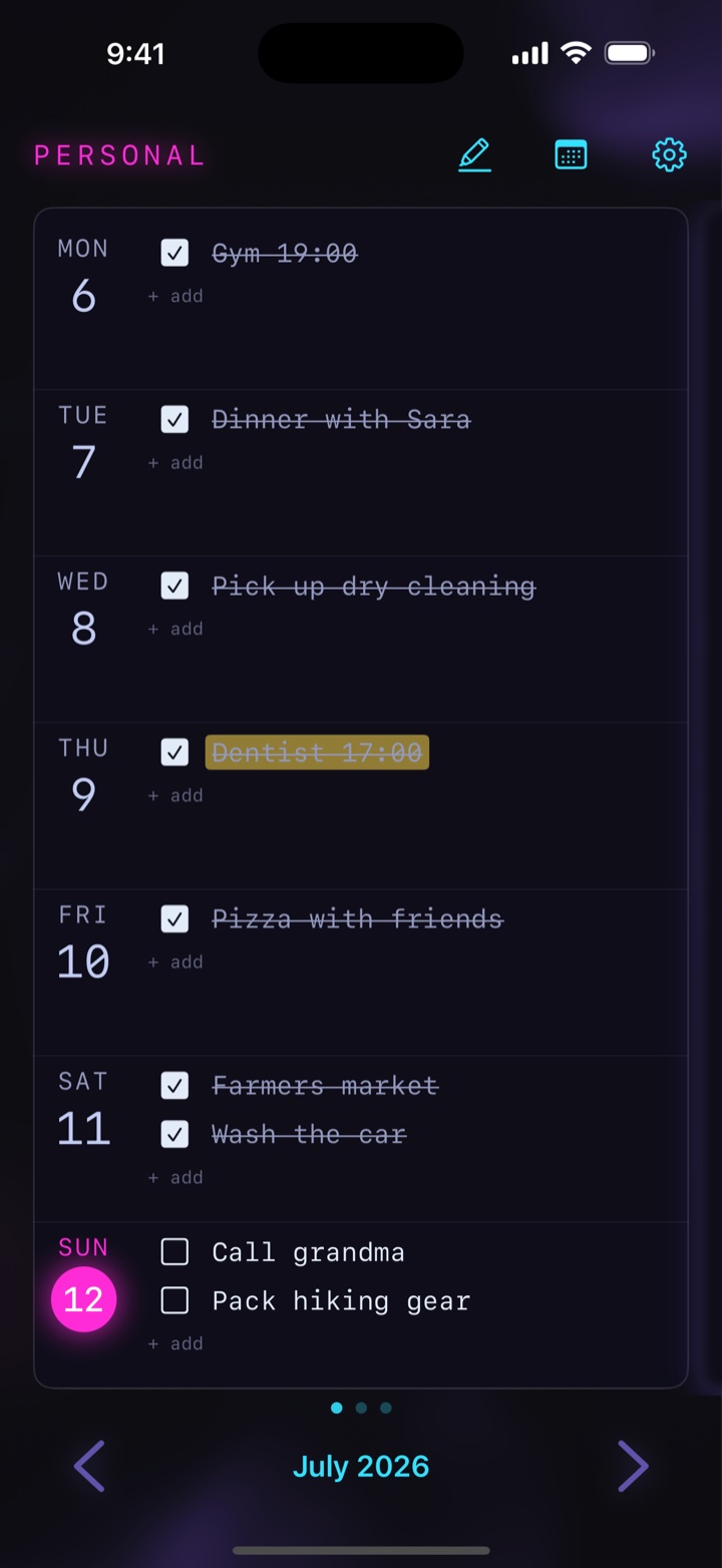 Weekly agenda in the Nebula theme on iPhone